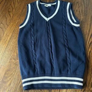 Navy Blue Cable Knit Cotton Sweater Vest Women’s Small Preppy White Trim